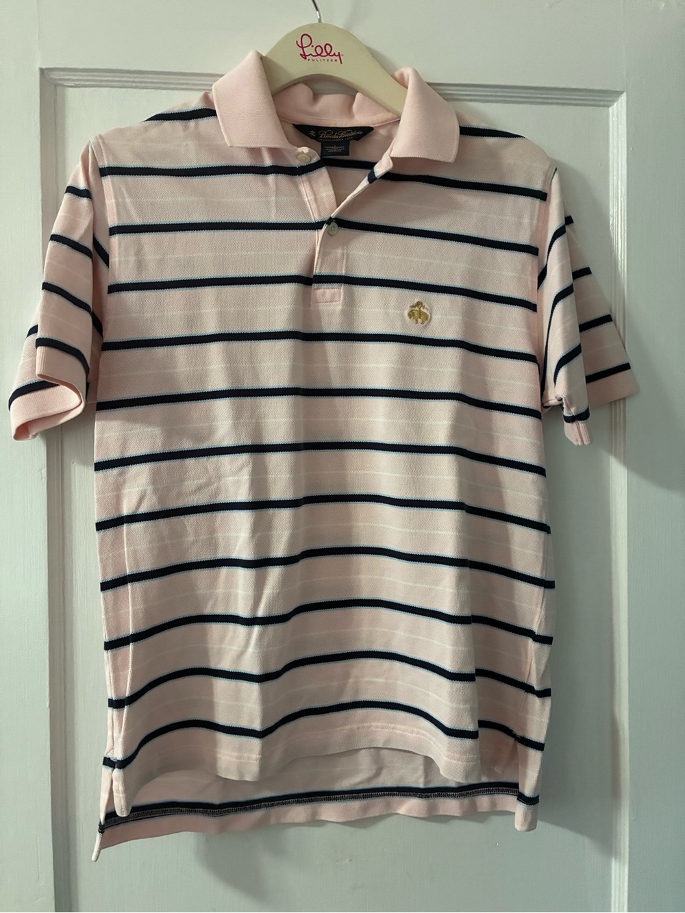 Brooks Brothers Light Pink Polo with Navy Stripes and Gold Crest